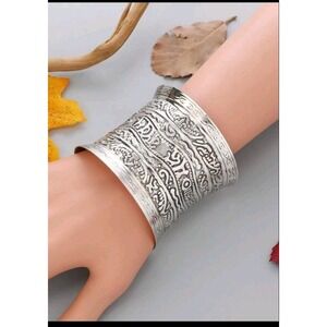 Silvertone vintage inspired Cuff Bangle bracelet With Ancient Script Decoration